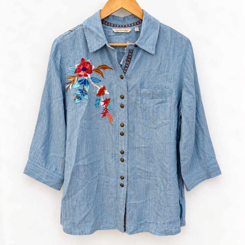 Soft Surroundings Floral Embroidered Tencel Chambray Top PL NEW Boho Western
